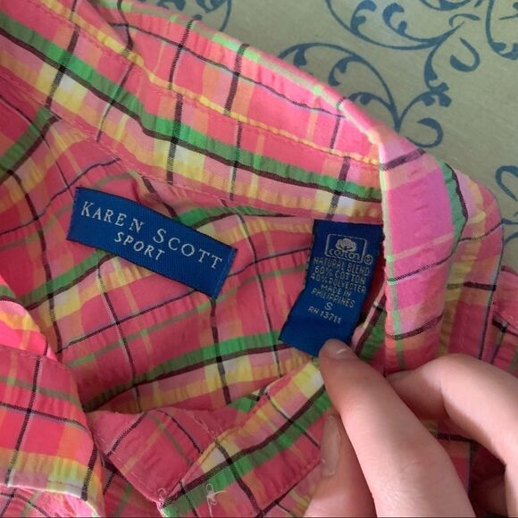 Karen Scott Sport Plaid Short Sleeve Button Down Light Multi-Colored Top - Picture 5 of 5